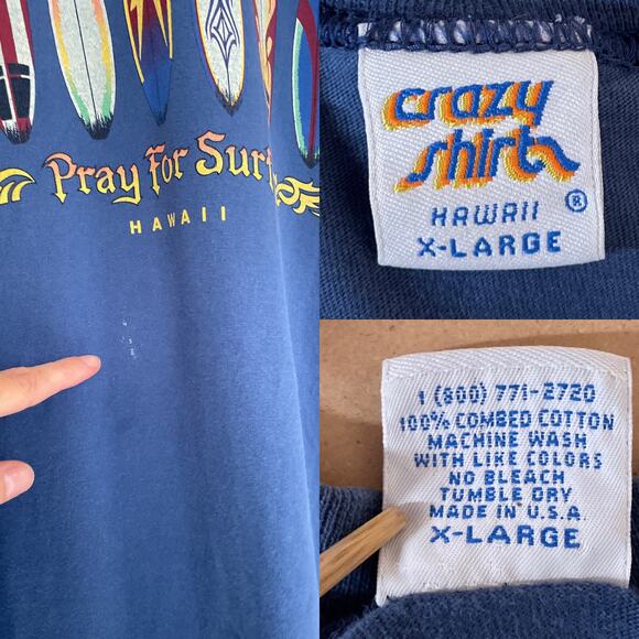 Vtg 90s Y2K Crazy Shirts Hawaii Pray For Surf Blue T-Shirt Sz XL Cotton USA - Picture 8 of 8